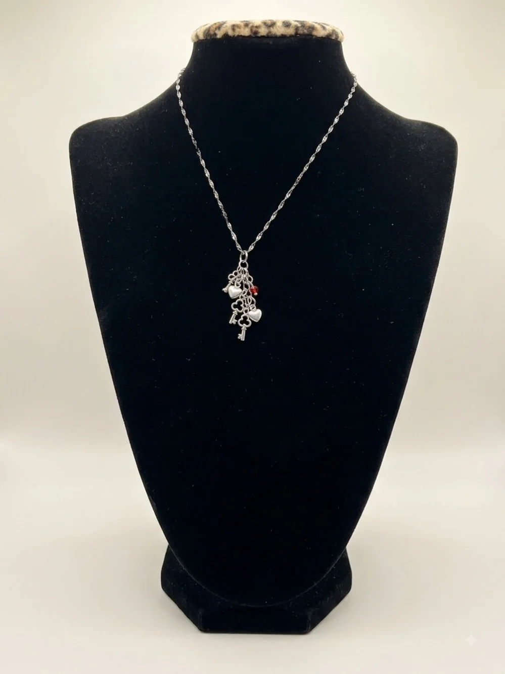 Silver Key & Heart Charm Necklace with Red Accent - Women Jewelry